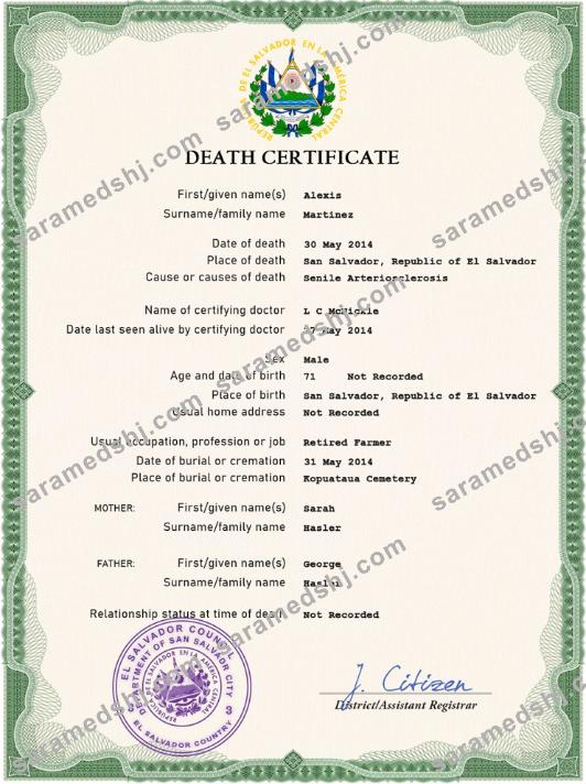 Salvador vital record death certificate PSD template